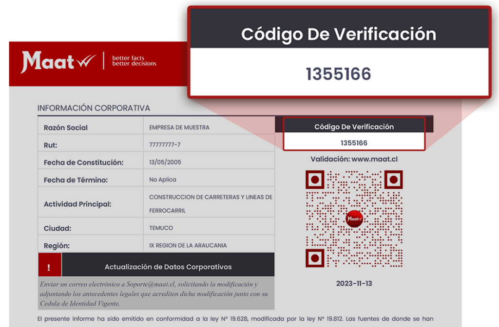 Informe comercial y su código de verificación. Informes seguros, verificados y actualizados.